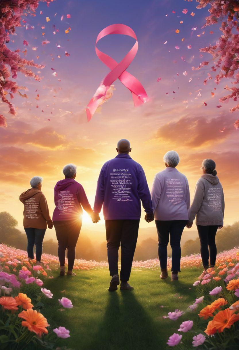 A powerful visual showcasing a diverse group of cancer survivors standing together in a supportive embrace, surrounded by symbols of hope like ribbons and blooming flowers. In the background, an uplifting sunrise symbolizes new beginnings, while scattered resources like pamphlets and books about cancer advocacy lie at their feet. The atmosphere should feel warm and inclusive, emanating empowerment and strength. vibrant colors. super-realistic.