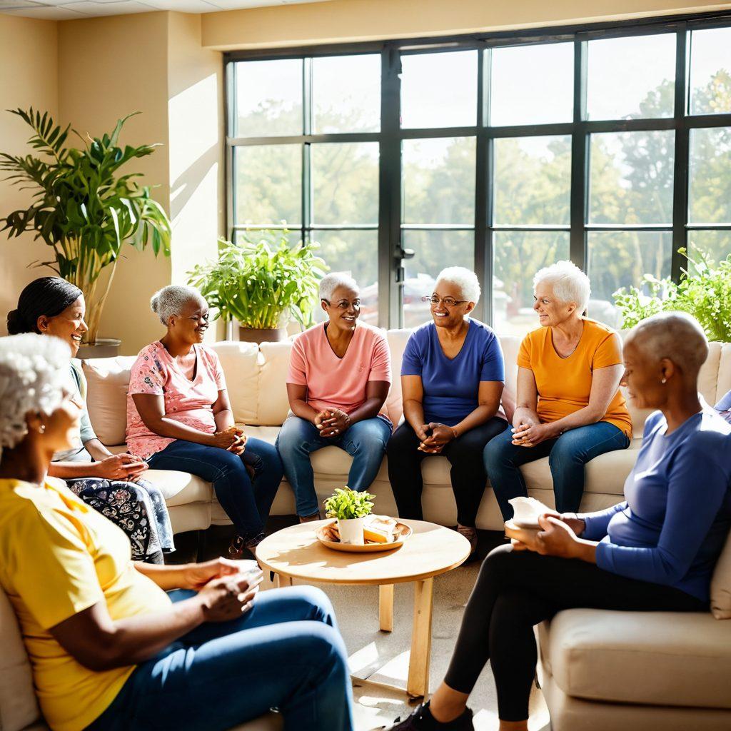 A warm, inviting scene depicting a diverse group of cancer patients and survivors gathered in a sunlit community center, sharing stories and support. Include comforting elements like soft cushions, plants, and light snacks, creating a sense of safety and togetherness. The atmosphere should evoke hope, resilience, and camaraderie. vibrant colors. soft focus. cozy setting.