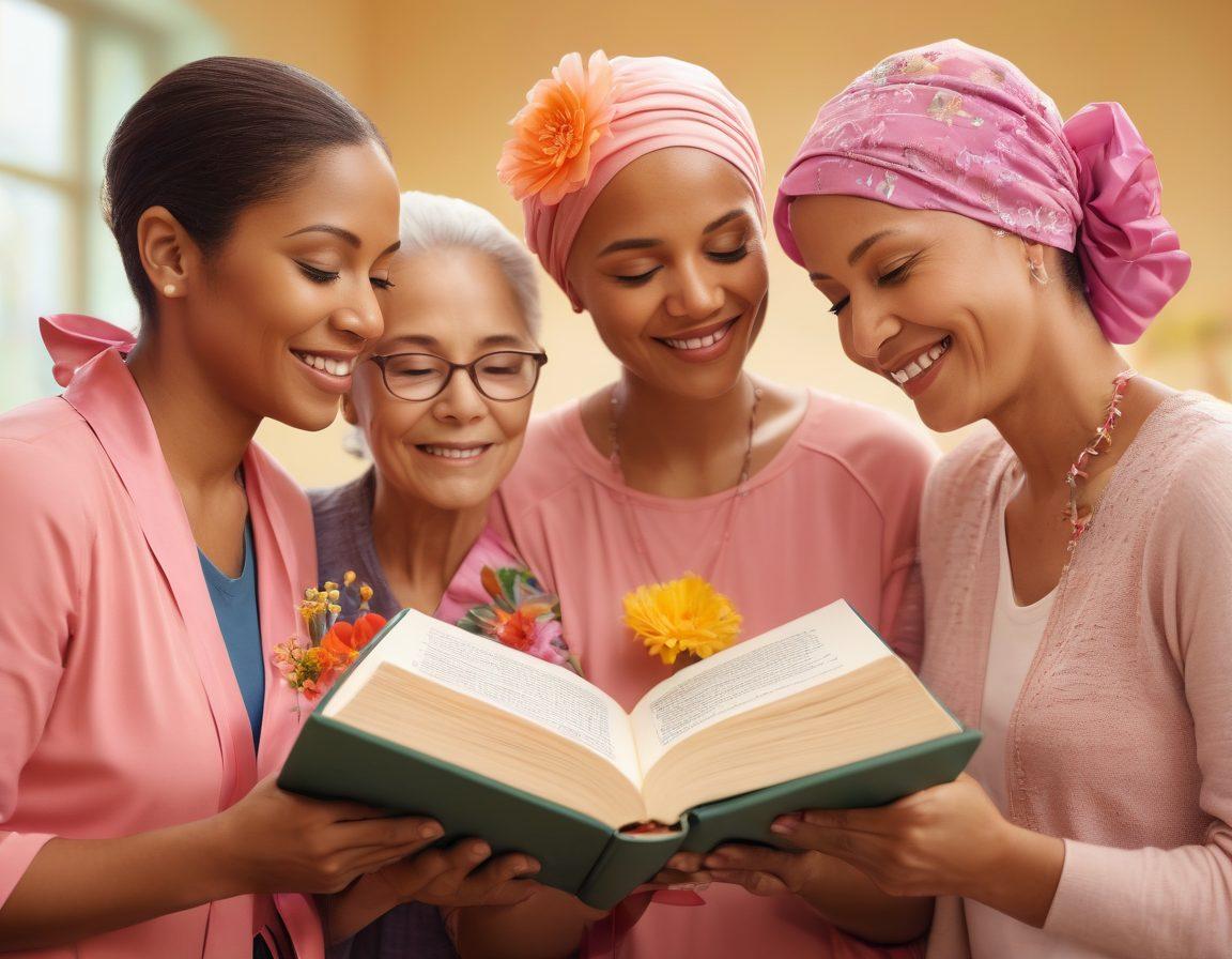 A serene and uplifting scene depicting a diverse group of cancer survivors sharing stories in a bright, supportive community center. Symbolic elements like flowers, ribbons, and soft lighting to convey hope and empowerment. Include an open book with inspirational quotes visible, highlighting the essence of education and support. Warm colors to evoke positivity and resilience. super-realistic. vibrant colors. soft background.